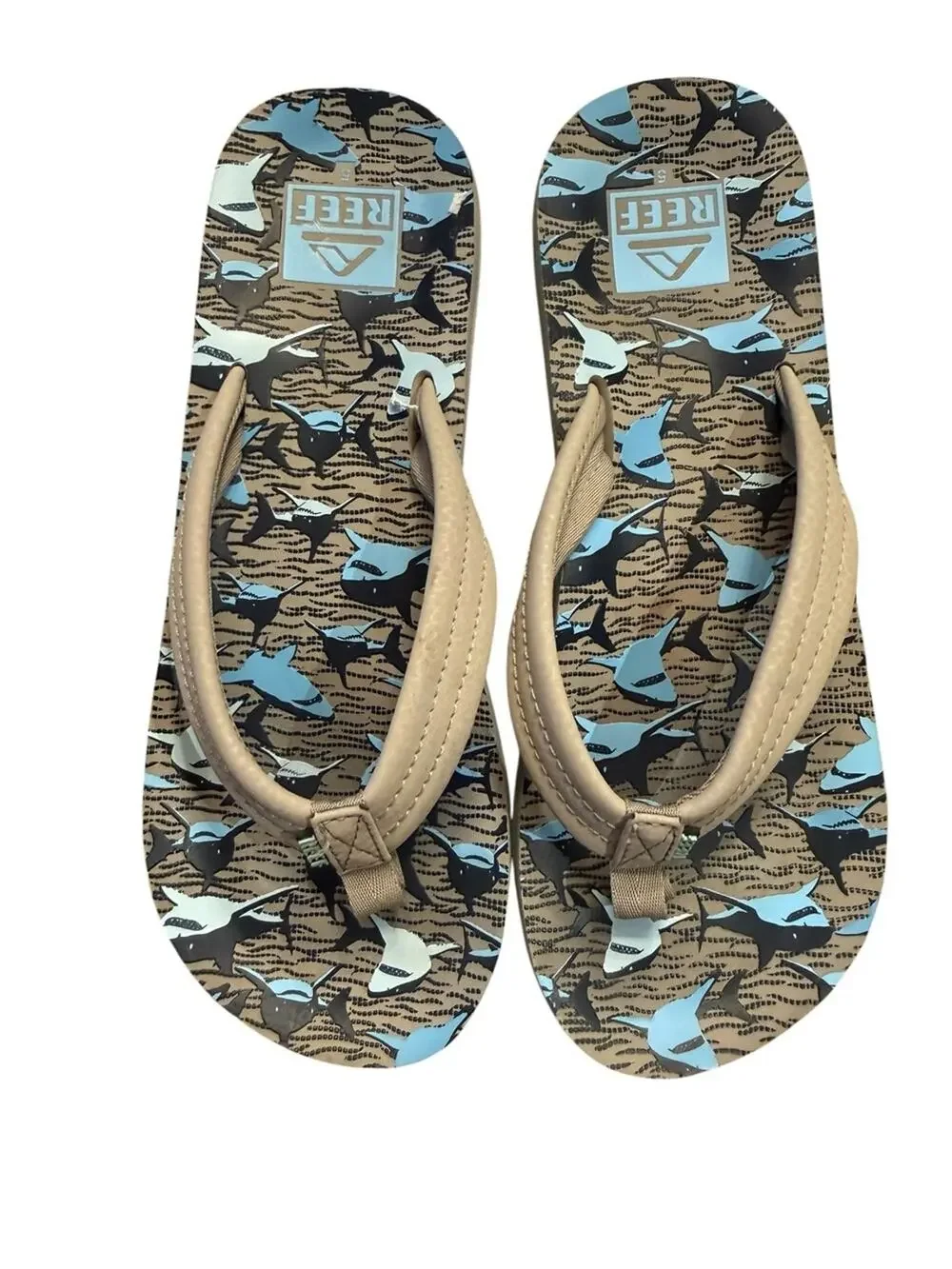 Reef Kids Size 5 Tan and Light Blue Shark Print Flip Flops
